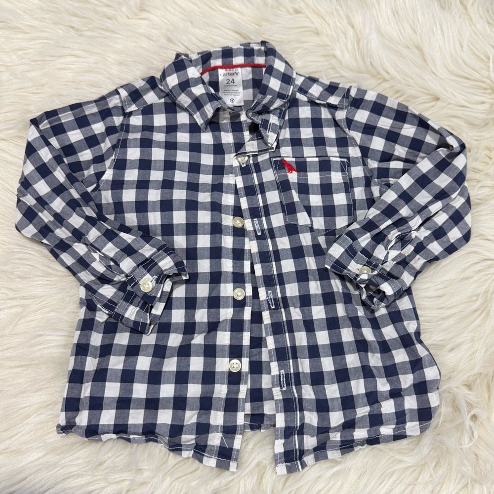 Carter’s Navy and White Checkered Baby Shirt with Dinosaur!